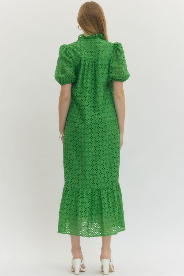 Green Eyelet Puff Sleeve Midi Dress