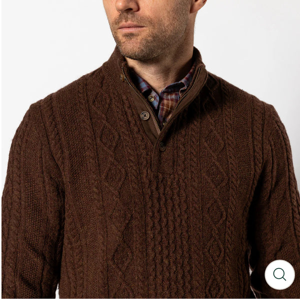 Haines 1/4 Zip Cable Knit Sweater Dark Brown Heather