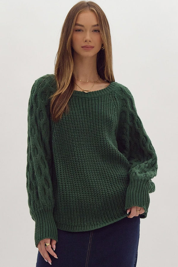 Green Knitted Round Neck Sweater w Cable Knit Sleeves