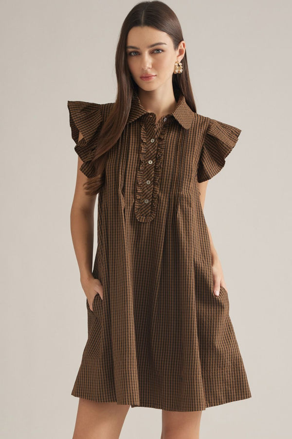 Black & Tan Gingham Ruffle Sleeve Mini Dress w Shirt-Style Neckline