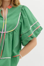 Green Multi Color Trim Puff Sleeve Top