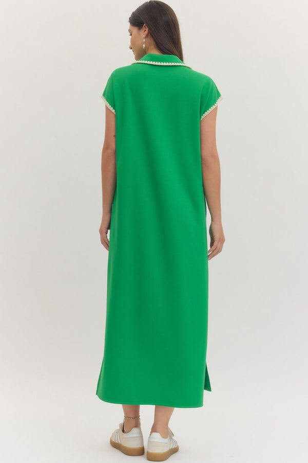 Green Solid Cap Sleeve Midi Dress w Contrast Scallop Trim