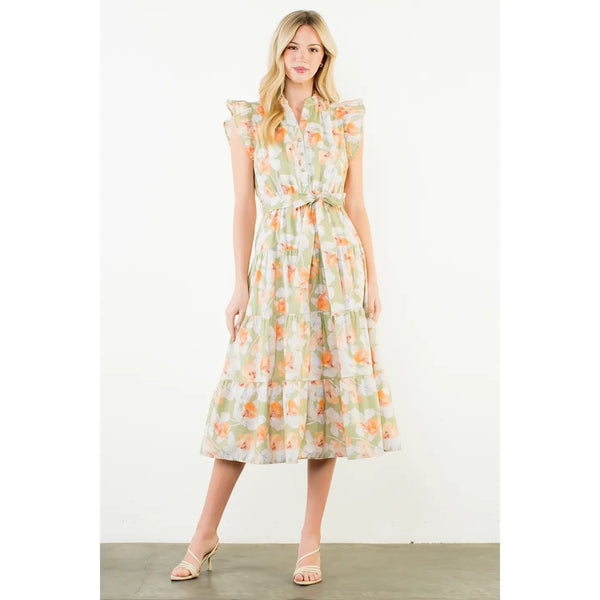 Ruffle Sleeves Floral Pattern Dress