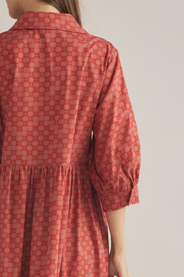 Rust Geometric Print ¾ Balloon Sleeve Midi Dress