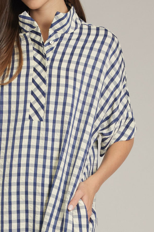 Navy Gingham Short Sleeve Midi Dress Featuring Shirt Collar