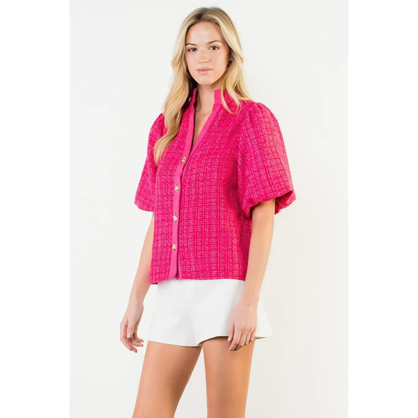 Pink Puff Sleeve Tweed Knit Top