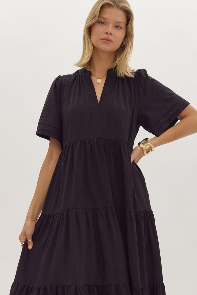 Black Short Sleeve Tiered Midid Dress