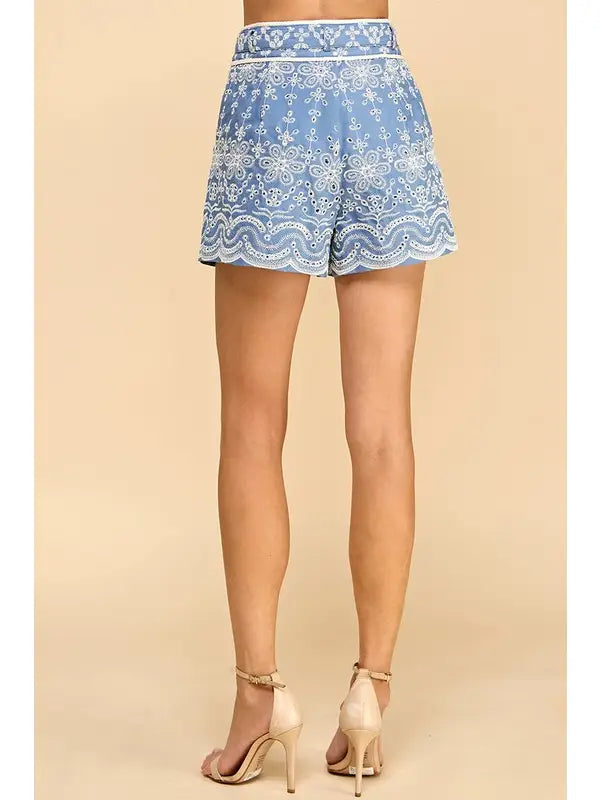 Embroidered Blue Eyelet Short with Belt