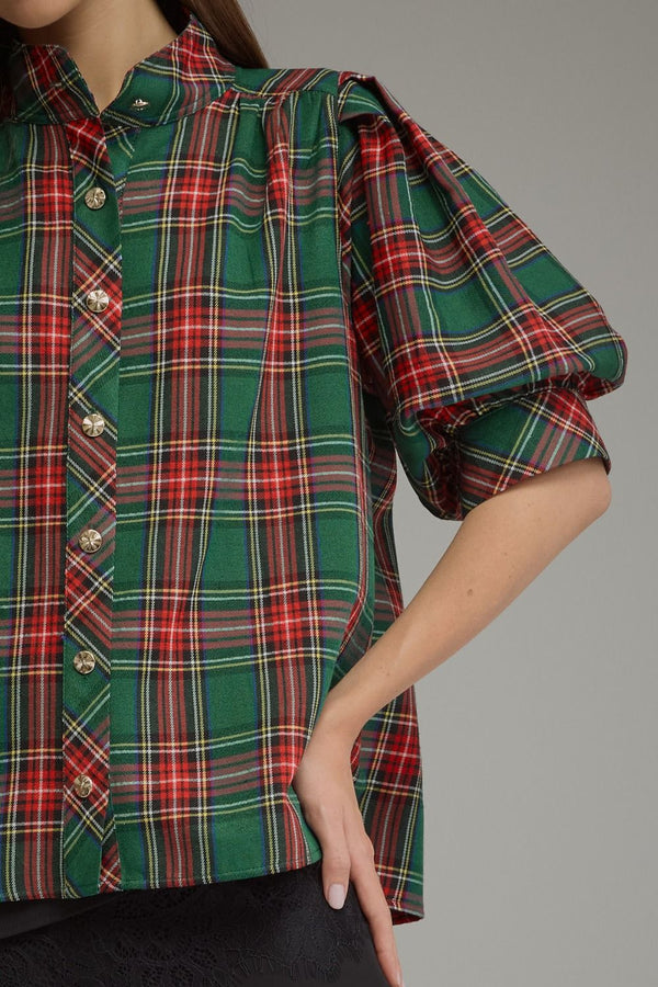 Green Plaid Short Puff Sleeve Top featuring Button Cuffs
