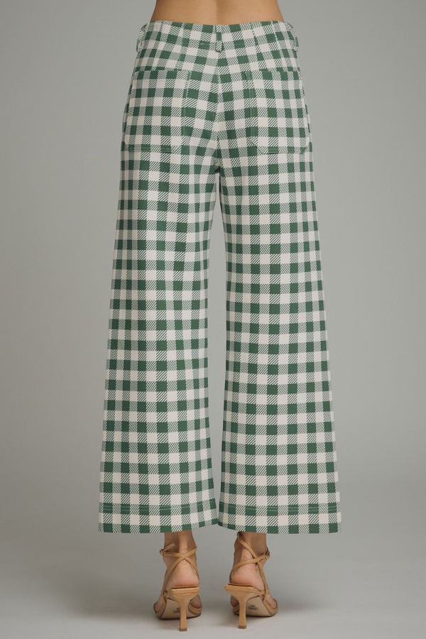 Green Gingham Wide Leg Pants Featuring Front Patch Pockets