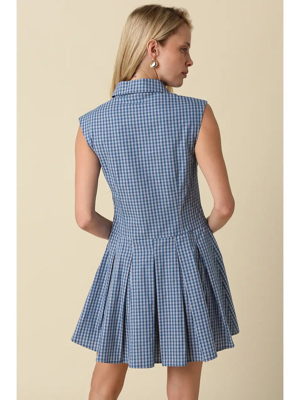 Sarai Gingham Sleeveless Shirt Dress | Teal Blue