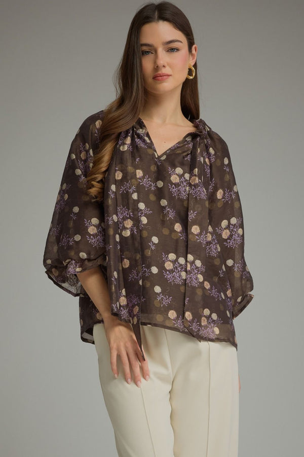 Brown Floral Print Poncho Sleeve Top w Self-Tie Front Detail