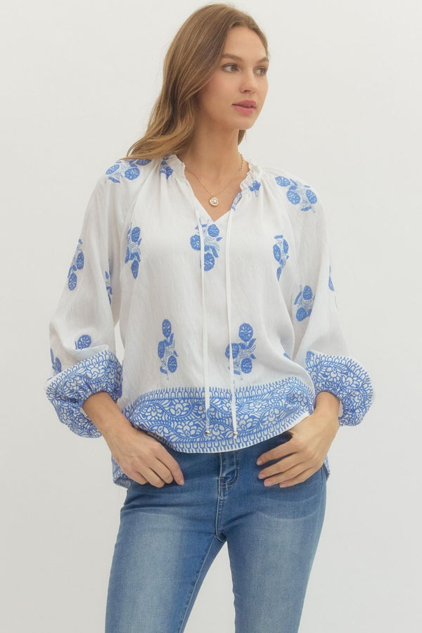 White Floral Print Raglan Puff Sleeve w Tie Detail & Ruffled Neck