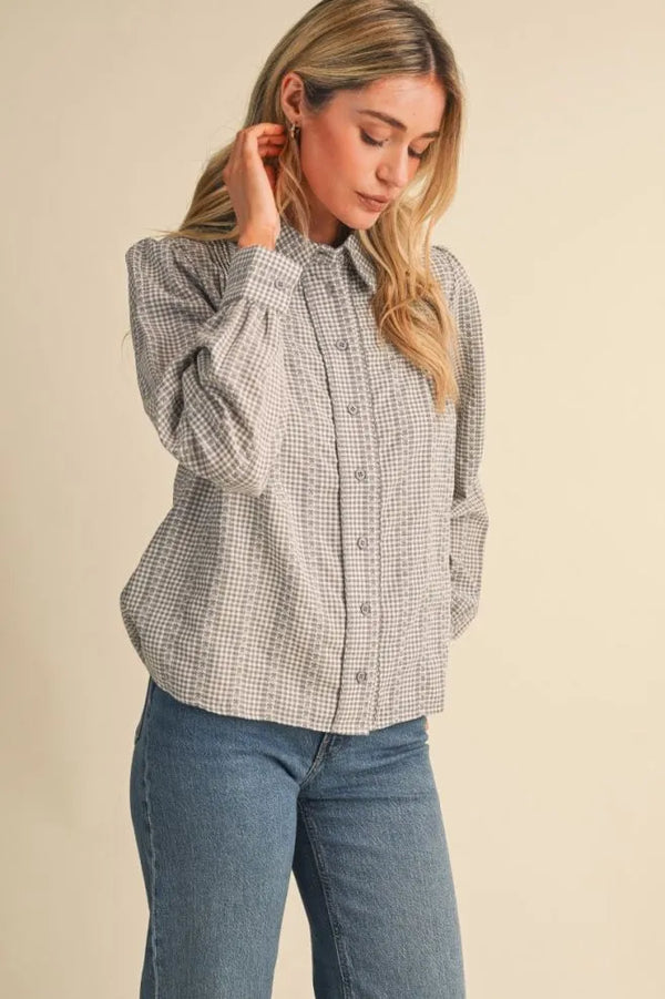 Grey Gingham Embroidered Trim Button Up Top