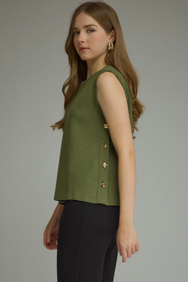 Olive Solid Sleeveless Knit Top Featuring Side Button Closure