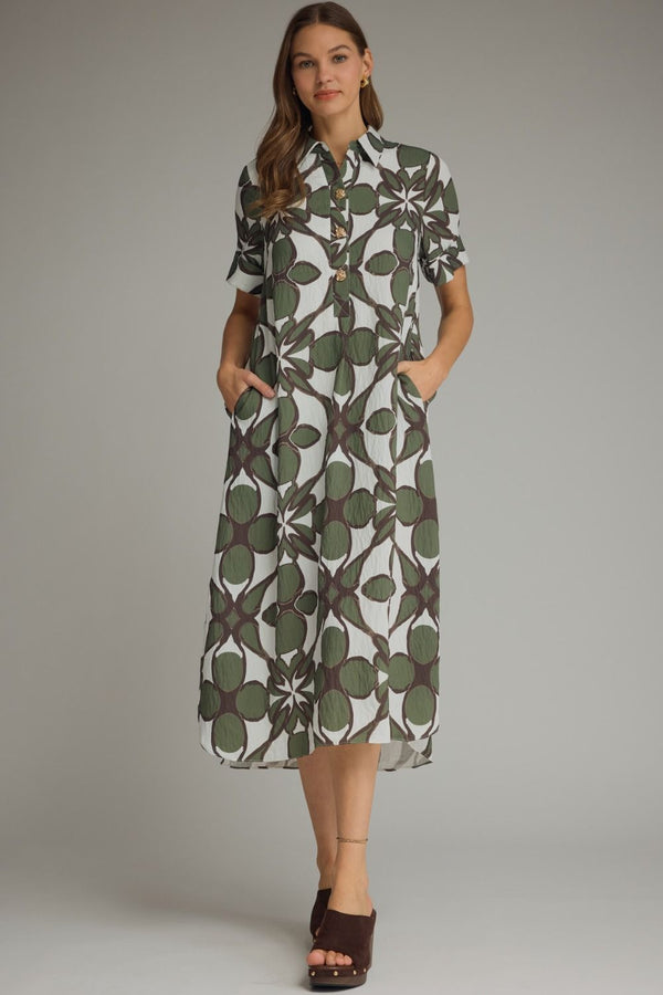 Olive Printed Shirt Dress featuring Gold Button Detail