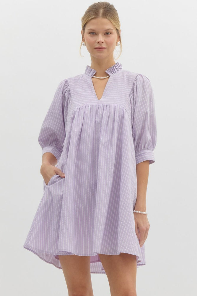 Pinstripe V-Neck Dress - Lavender