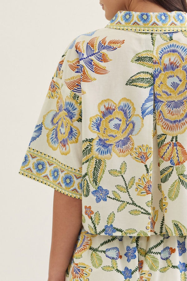 Lt Blue Mix Botanical Print Short Sleeve Top