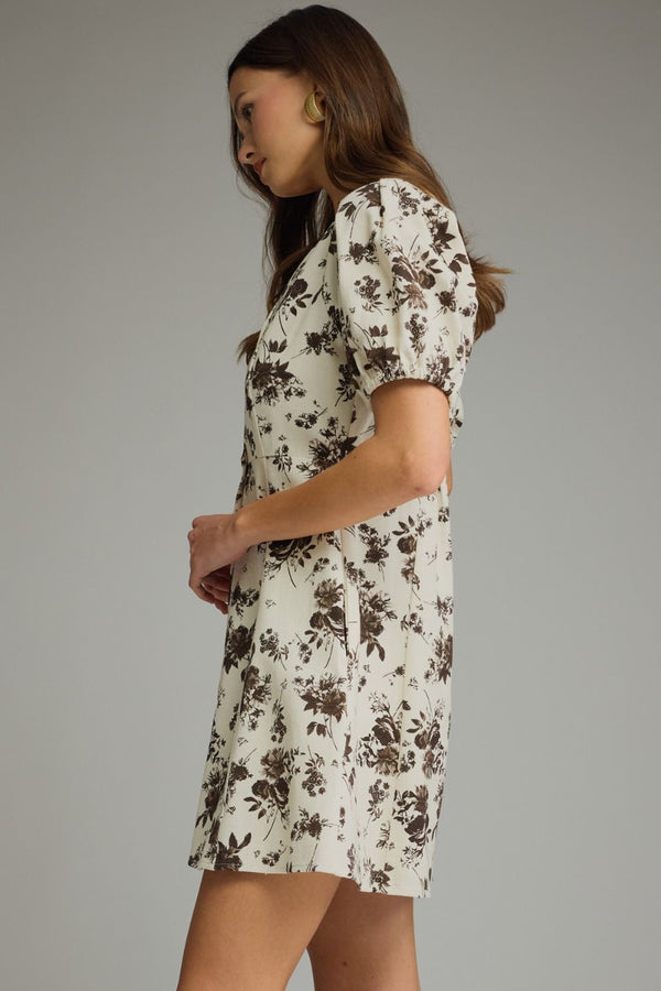 Ecru Floral Print V-neck Short Puff Sleeve Mini Dress