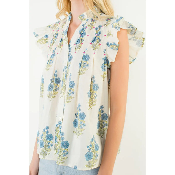 Cream Flutter Sleeve w Floral Pattern Top