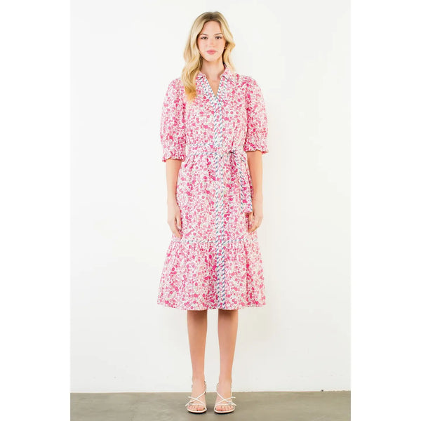 Pink Sleeve Floral Detail Button Down Dress
