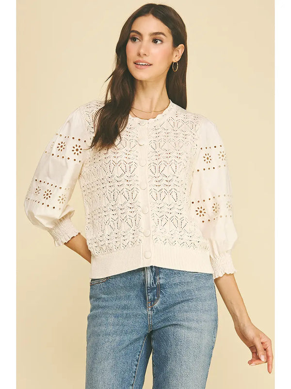 Eyelet & Knit Mixed Button Down Cardigan