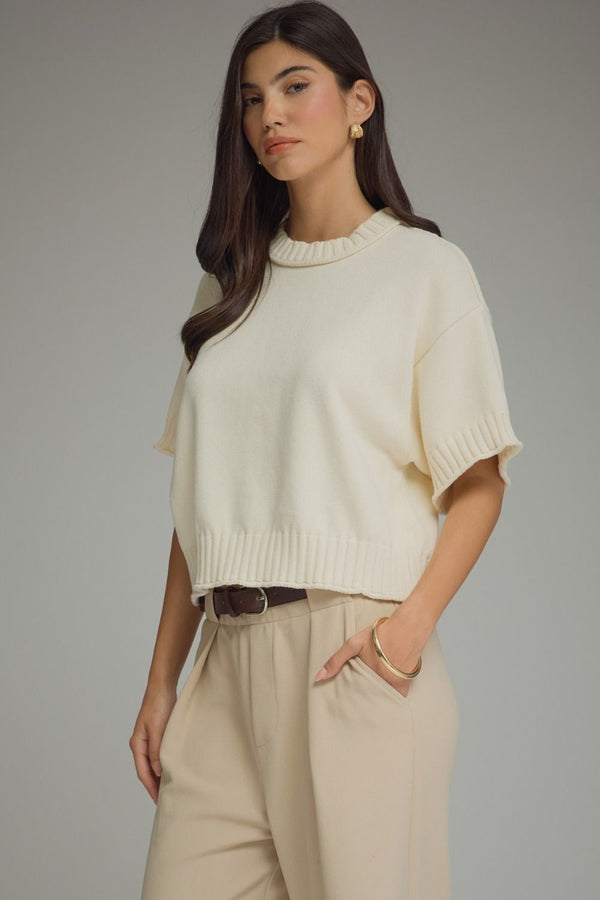 Ecru Short Sleeve Knit Top w Ribbed Trim Detail