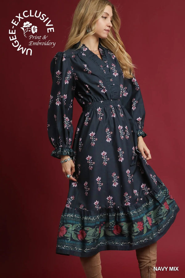 Navy Floral Maxi Dress with Smocked Waist & Ruffle Trim