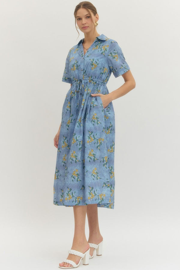 Striped Blue Floral Print Midi Dress Featuring Shirt Collar w Drawstring Waist
