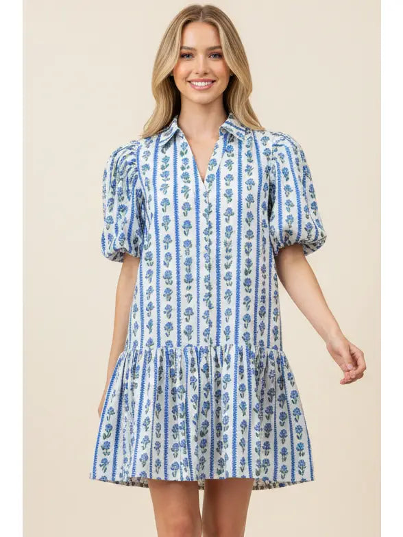 Blue Floral Stripe Puffed Sleeve Mini Dress