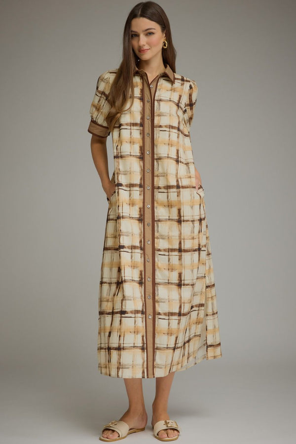 Brown Plaid Puff Sleeve Midi Dress w Contrast Trim