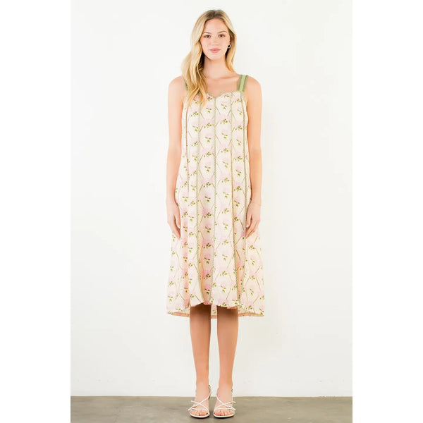 Cream Thin Strap Floral Pattern Dress