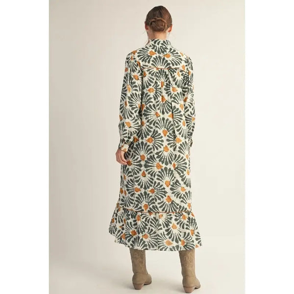 Olive Boho Print Midi Dress