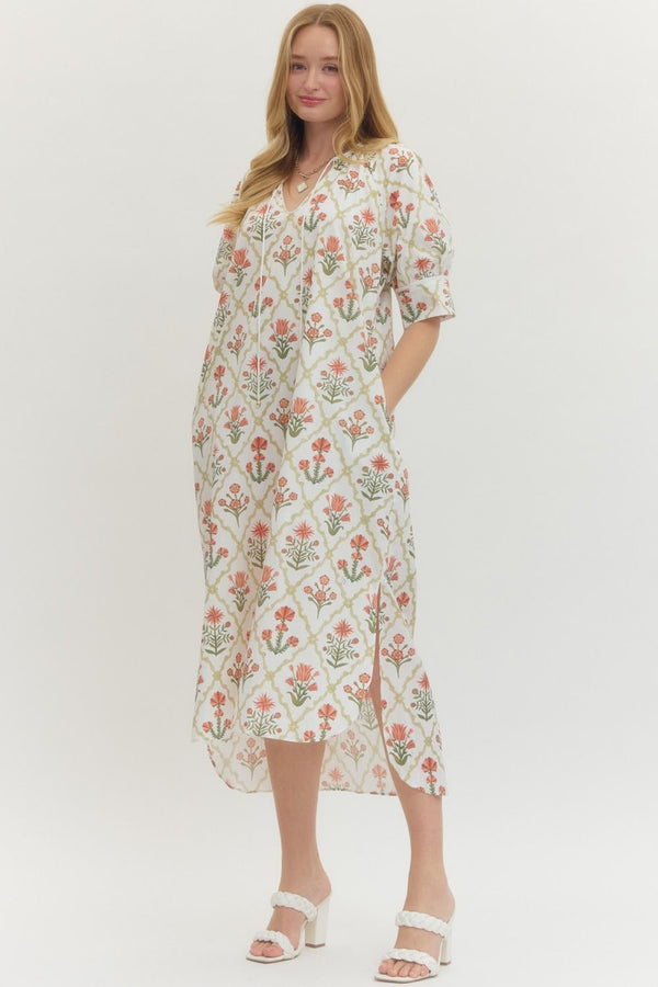 Salmon Floral Sleeve Midi Dress