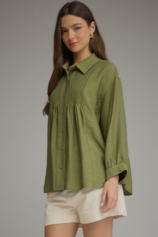 Solid Olive Long Sleeve Top featuring Smocked Detailing