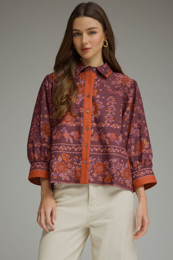 Wine Floral Print ¾ Sleeve Top w Contrast Trim