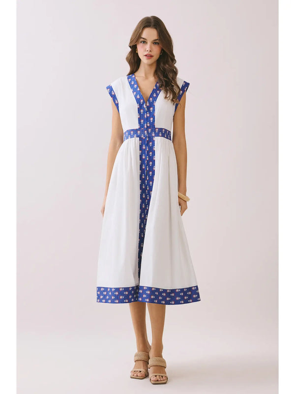 Contrast Printed Trim Detail V Neck Midi Dress