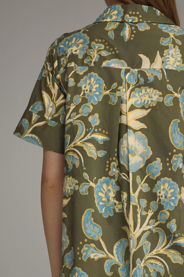 Olive Floral Print Short Sleeve Midi Dress w Contrast Trim Detail