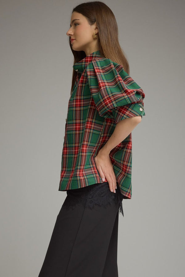Green Plaid Short Puff Sleeve Top featuring Button Cuffs