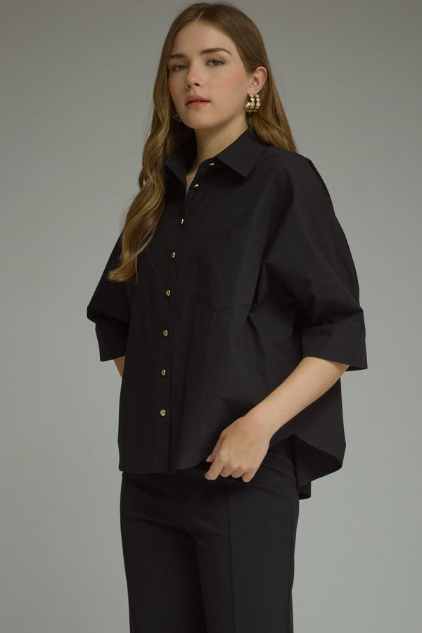 Black ¾ Sleeve Top w Button Closure