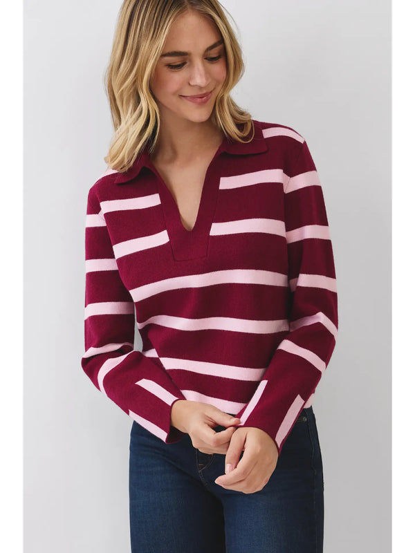Striped Knit Polo Sweater | Burgundy/Pink