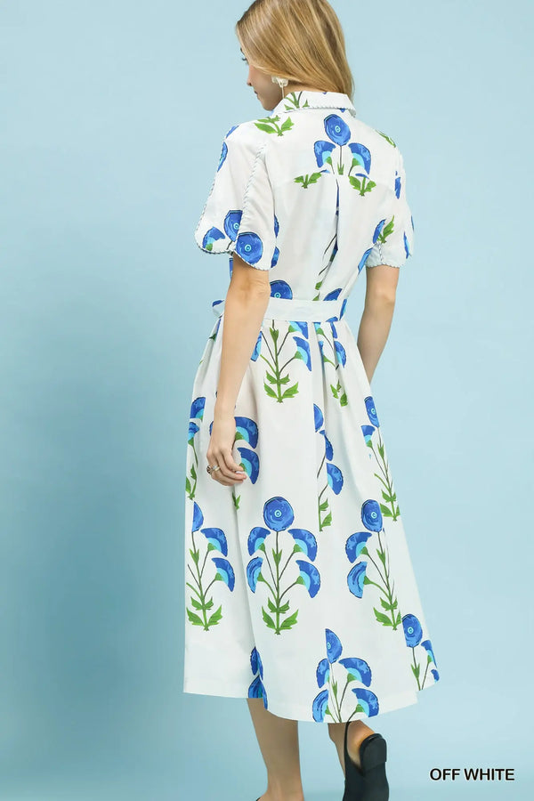 Off White Floral Belted Midi Dress