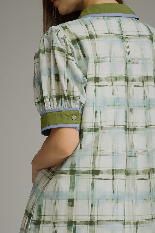 Olive Plaid Short Puff Sleeve Midi Dress