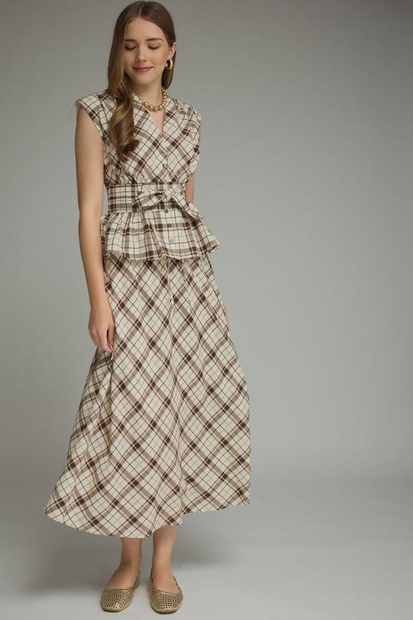 Mocha Plaid Midi Skirt w An Elasticated Waist