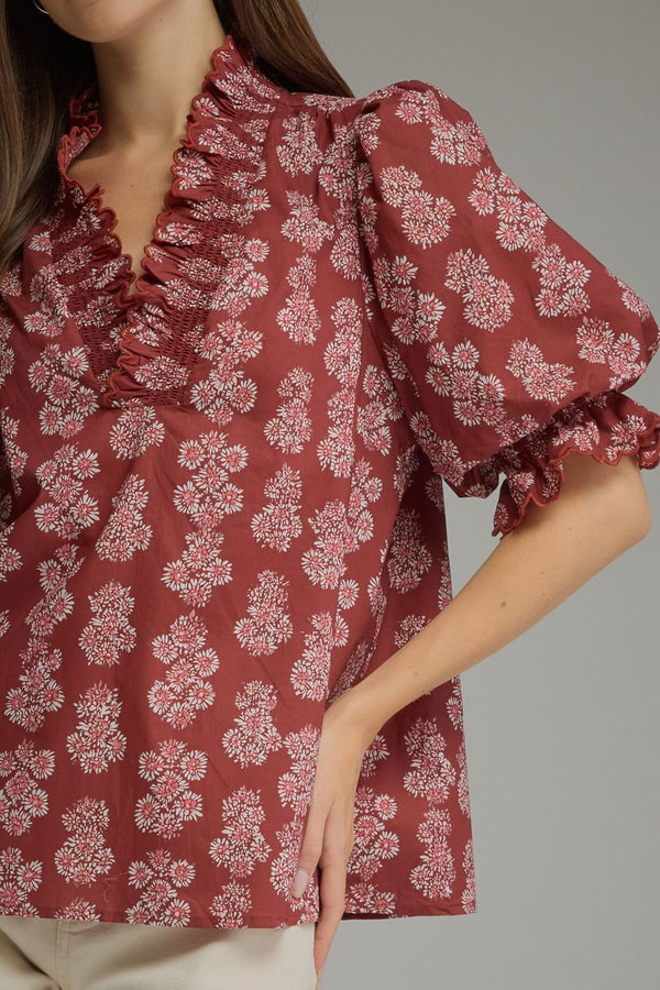Burgundy Floral Print Puff Sleeve Top w Ruffled V-neckline