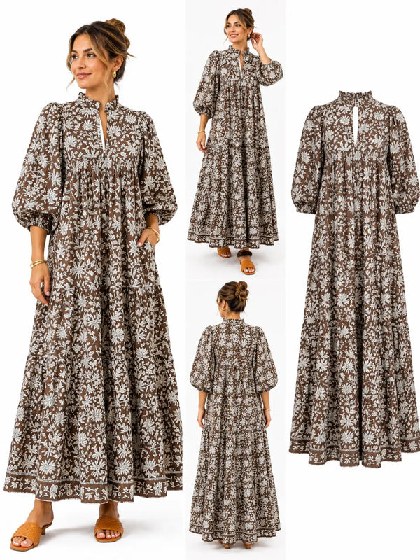 Brown Floral Maxi Puff Sleeve Dress W Pockets and Belt