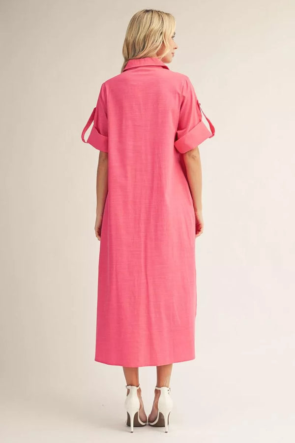 Roll Up Fuchsia Sleeves Button Down Dress