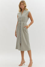 Sage Sleeveless Zip-up Midi Dress