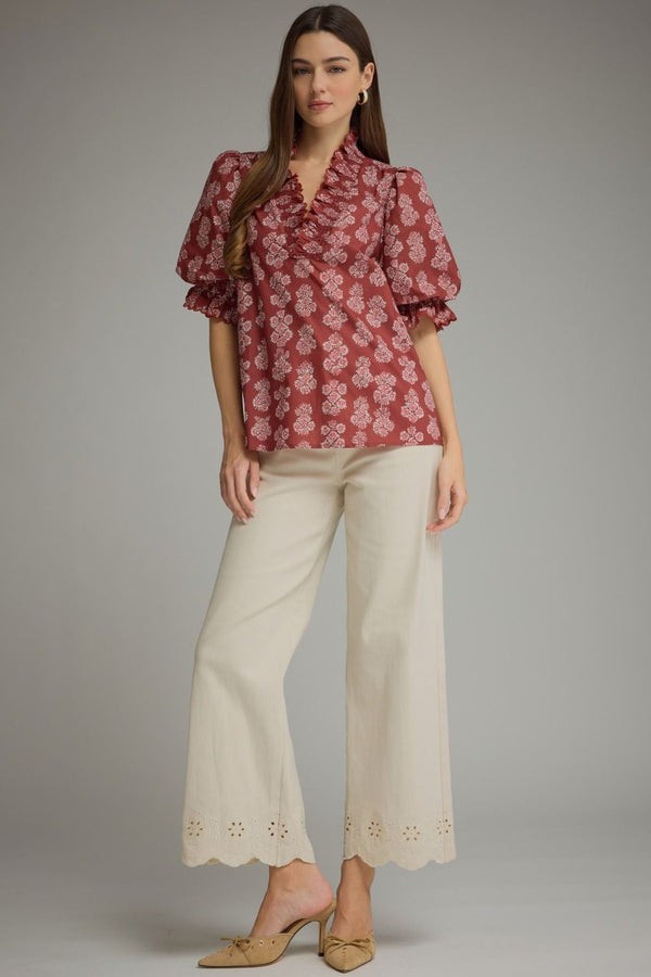 Burgundy Floral Print Puff Sleeve Top w Ruffled V-neckline