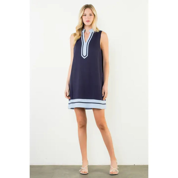 Navy Sleeveless Contrast Trim Dress